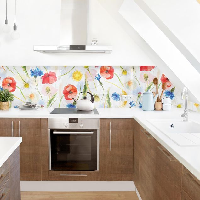 Glasrückwand Küche Aquarellierte Feldblumen mit Mohn