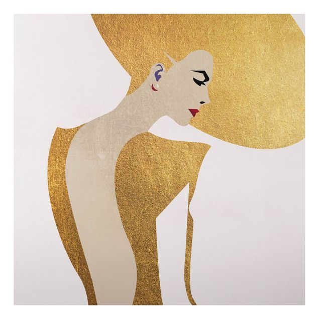 Wandbilder Kunstdrucke Dame mit Hut in Gold