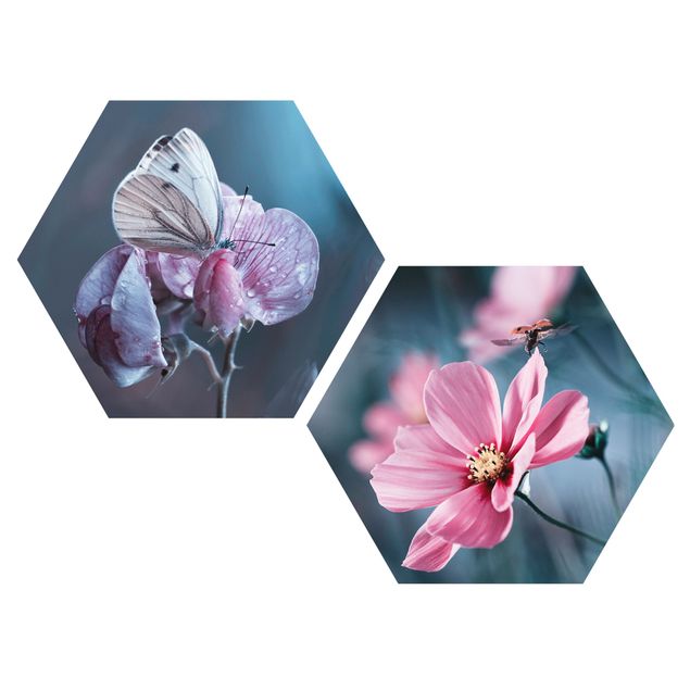 Wandbilder Blumen Schmetterling und Marienkäfer auf Blüten