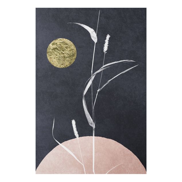 Wandbilder Floral Goldener Mond mit Schilf