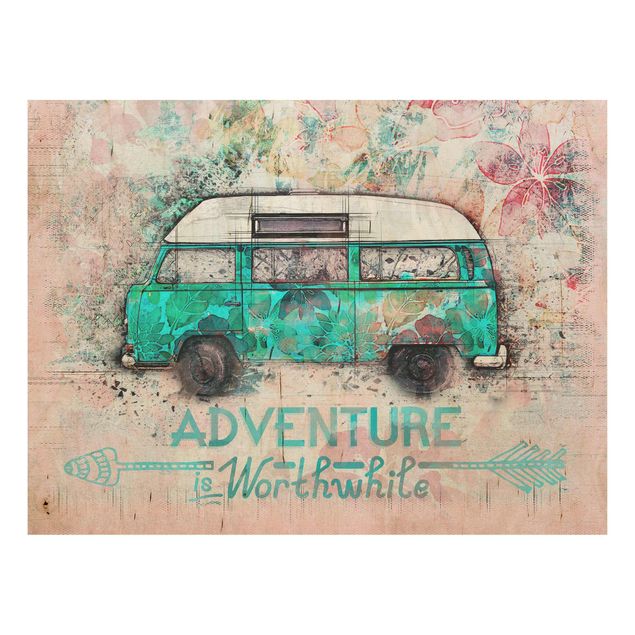 Holzbild mit Spruch Bulli Adventure Collage Pastell
