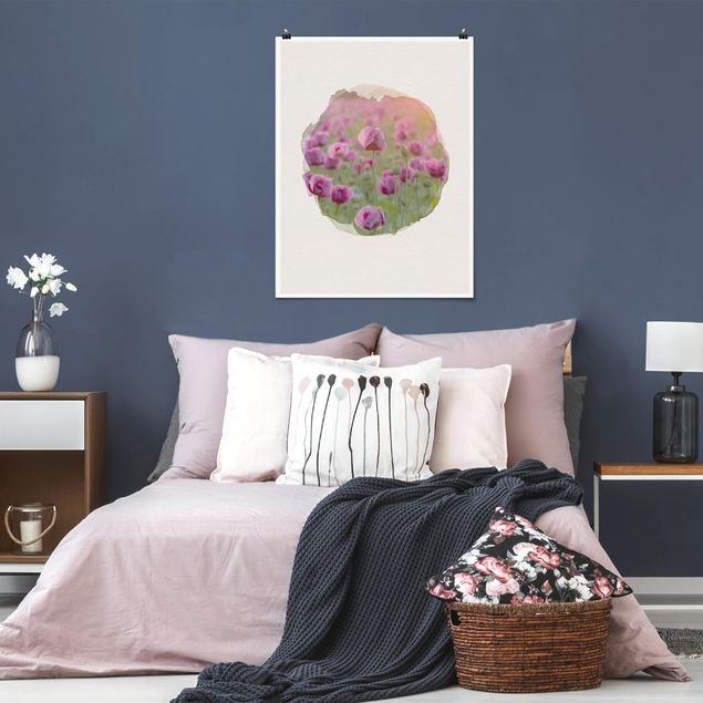 Küche Dekoration Wasserfarben - Violette Schlafmohn Blumenwiese im Frühling