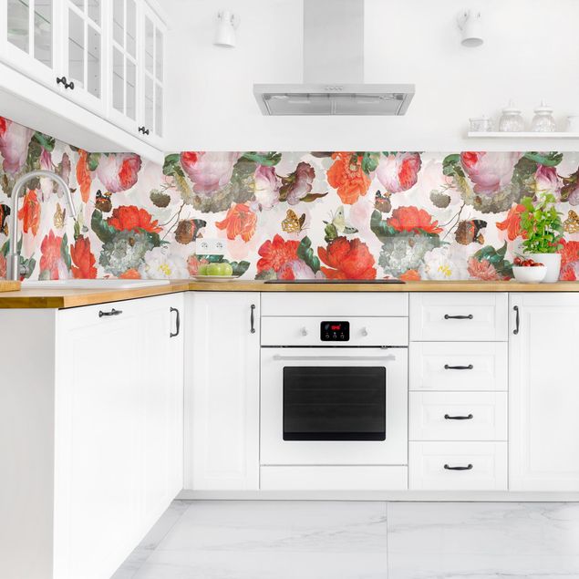 Spritzschutz Küche Glas Rote Blumen mit Schmetterlingen