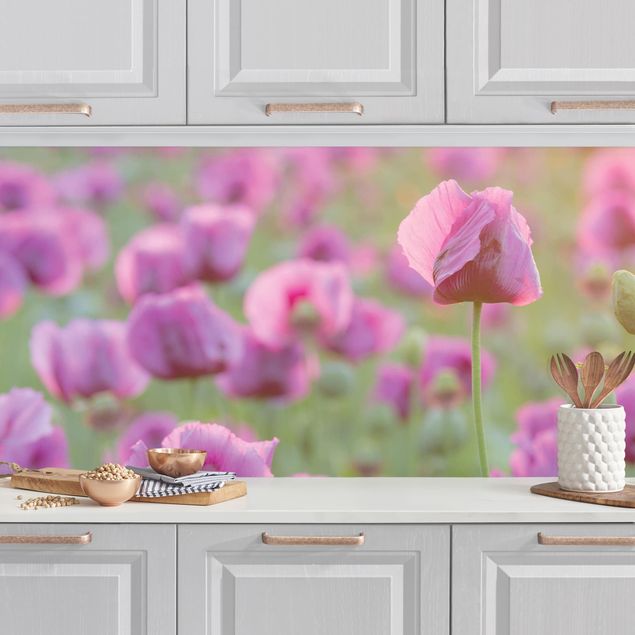 Küchen Deko Violette Schlafmohn Blumenwiese im Frühling