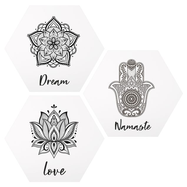 Wandbilder Spirituell Mandala Namaste Lotus Set Schwarz Weiß