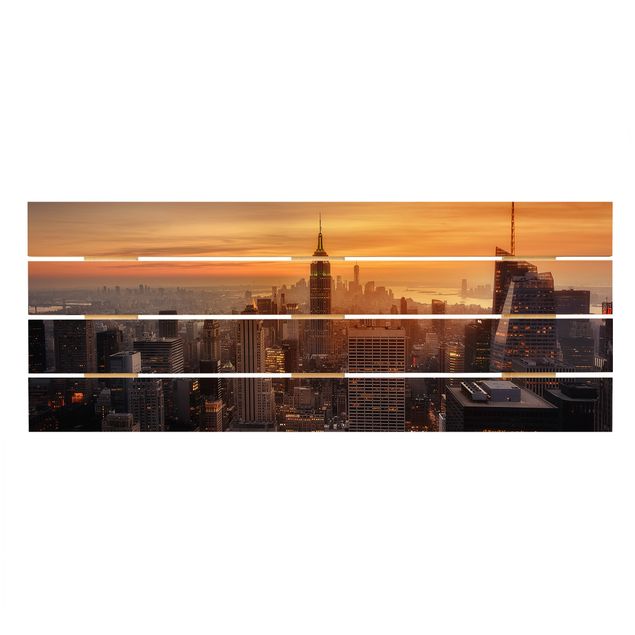 Holzbild - Manhattan Skyline Abendstimmung - Querformat 2:5