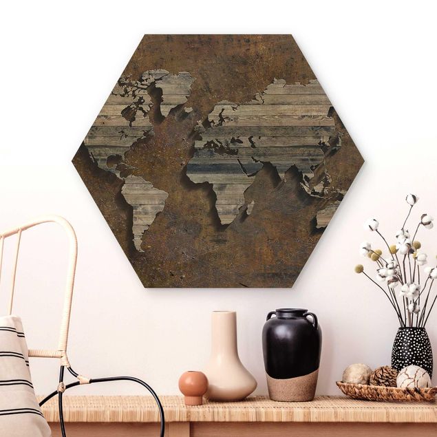 Wanddeko Küche Holz Rost Weltkarte