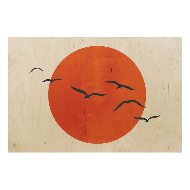 Holzbilder Landschaften Vogelschwarm vor roter Sonne I