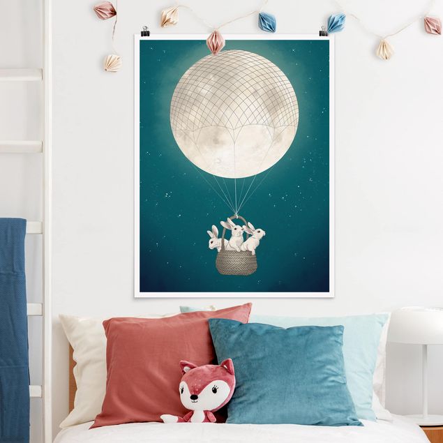 Kunstdrucke Poster Illustration Hasen Mond-Heißluftballon Sternenhimmel