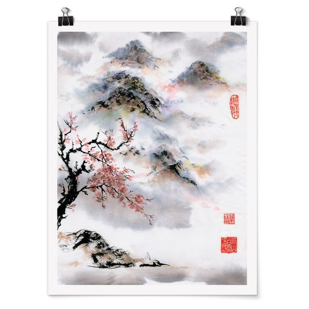 Wandbilder Landschaften Japanische Aquarell Zeichnung Kirschbaum und Berge
