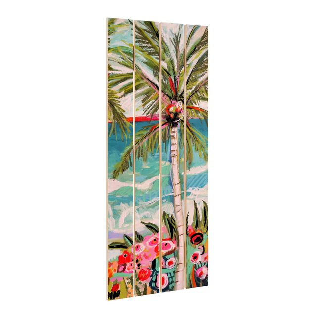 Wandbild Holz Palme mit pinken Blumen II