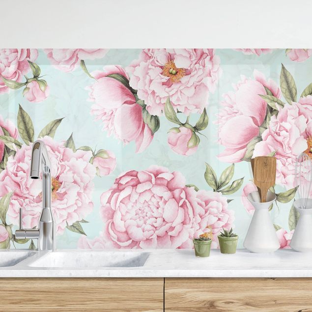Küche Dekoration Rosa Blumen auf Mint als Aquarell