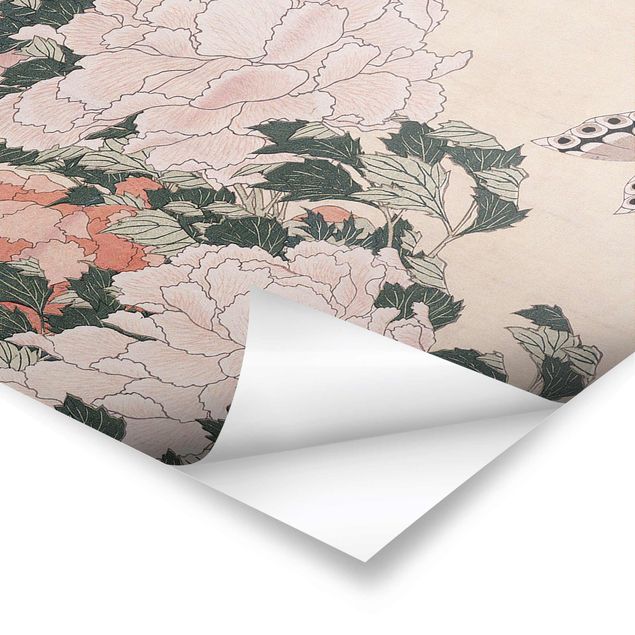 Wandbilder Rosa Katsushika Hokusai - Rosa Pfingstrosen mit Schmetterling