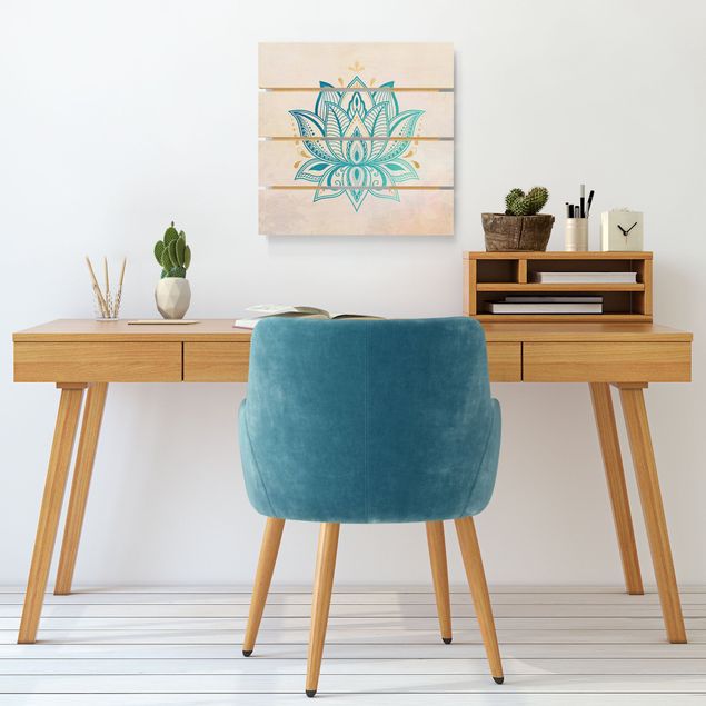 Holzbilder Lotus Illustration Mandala gold blau