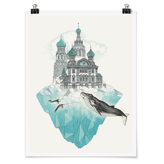 Poster Kunstdruck Illustration Kirche mit Kuppeln und Wal