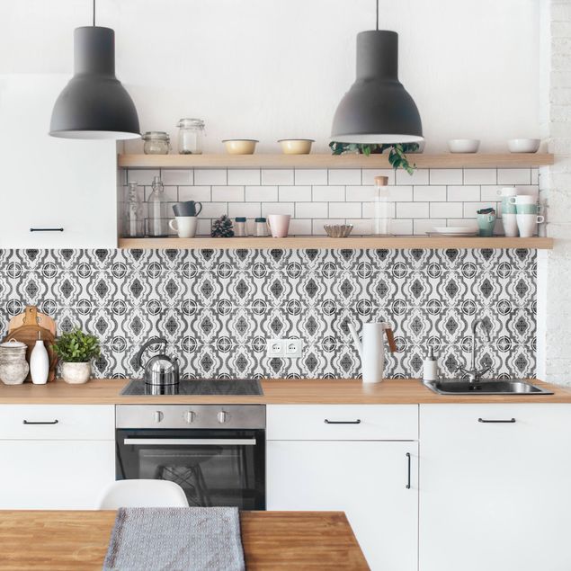 Küchenrückwände Fliesenoptik Portugiesische Vintage Keramikfliesen - Mafra Schwarz Weiß