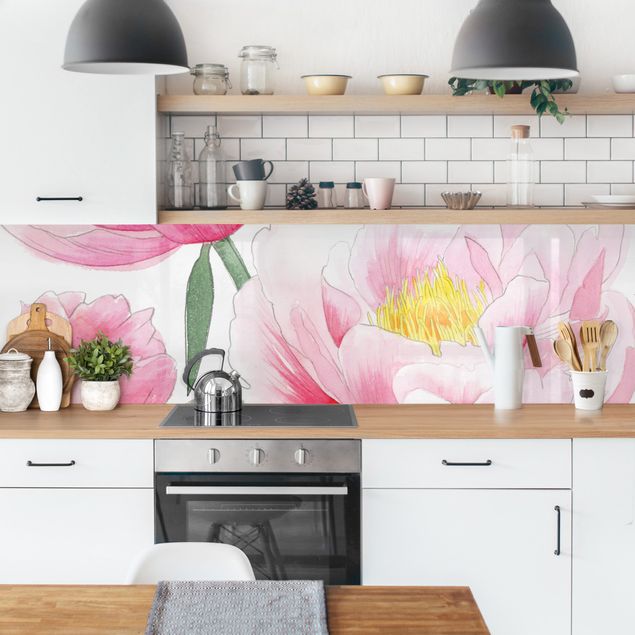 Spritzschutz Küche Glas Zeichnung Rosa Päonien I