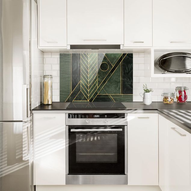 Glasrückwand Küche Muster Geometrische Formen Smaragd Gold
