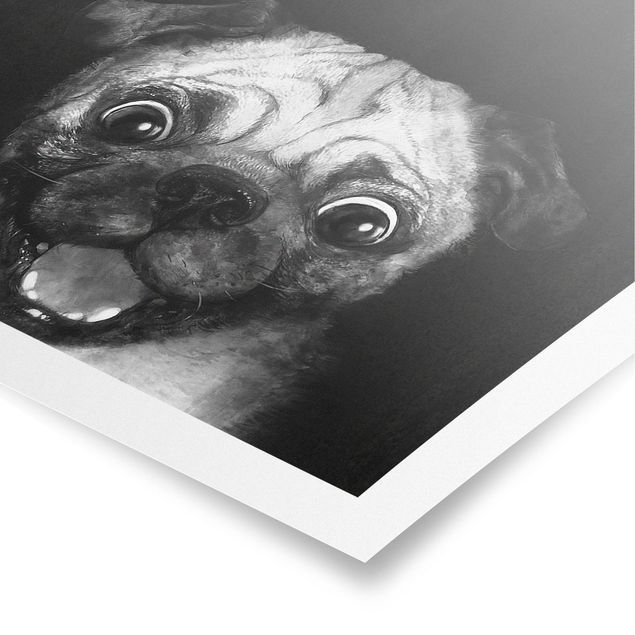 Tiere Poster Illustration Hund Mops Malerei auf Schwarz Weiß