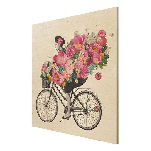 Holzbilder Blumen Illustration Frau auf Fahrrad Collage bunte Blumen