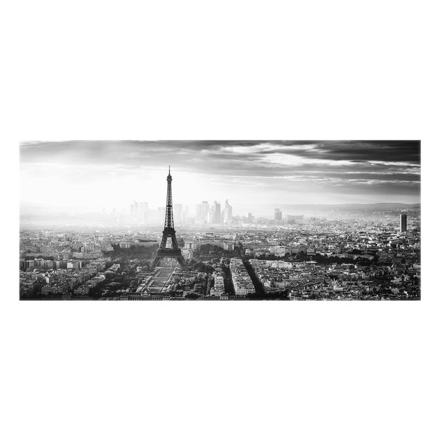 Spritzschutz Glas - Der Eiffelturm von Oben Schwarz-weiß - Panorama - 5:2