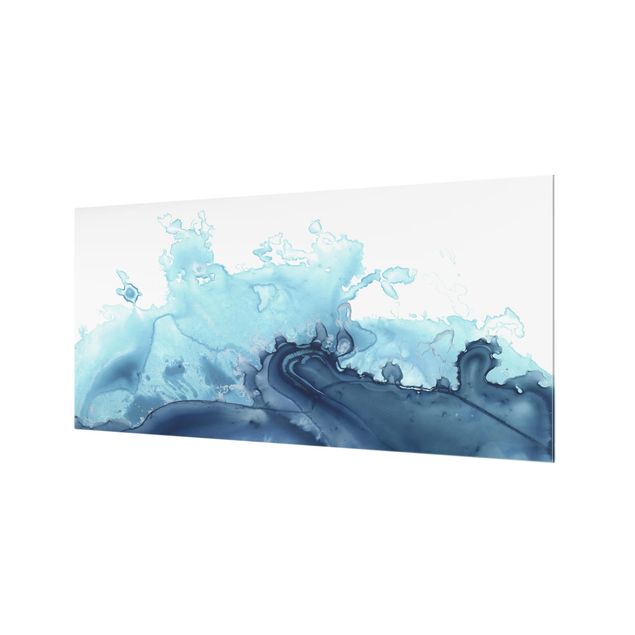 Spritzschutz Glas - Welle Aquarell Blau I - Querformat - 2:1