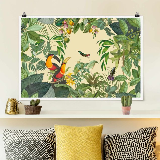 Wanddeko Küche Vintage Collage - Vögel im Dschungel