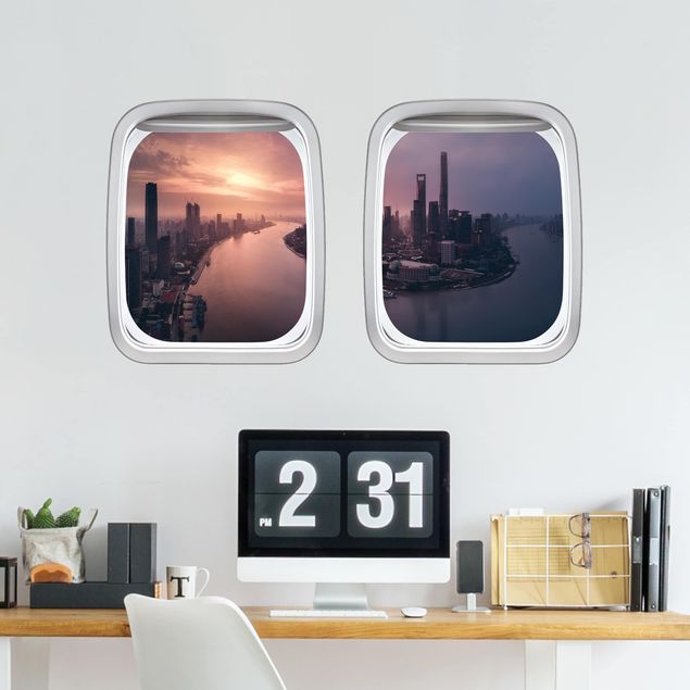 Autocolantes de parede metrópoles Doppelfenster Flugzeug Sonnenaufgang in Shanghai