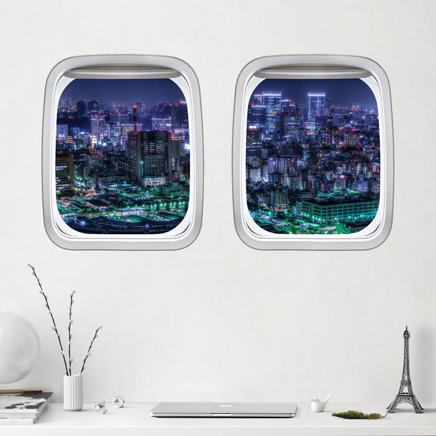 Wandtattoo Metropolen Doppelfenster Flugzeug Tokio bei Nacht