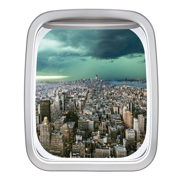 Wanddeko Küche Fenster Flugzeug Skyline New York im Gewitter