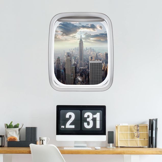 Wandtattoo Metropolen Fenster Flugzeug Sonnenaufgang in New York