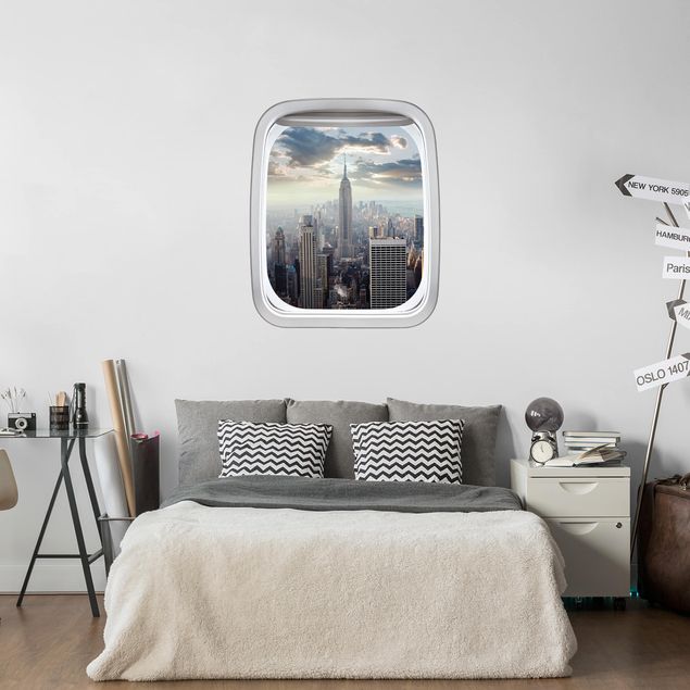 Wandtattoo Städtenamen Fenster Flugzeug Sonnenaufgang in New York