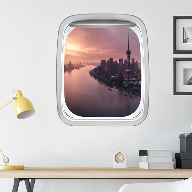 Wandtattoo Metropolen Fenster Flugzeug Sonnenaufgang in Shanghai