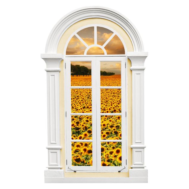 Wandtattoo 3D Fenster Mediterran Feld mit Sonnenblumen
