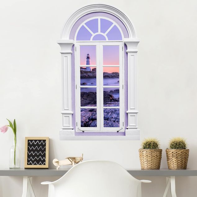 Autocolantes de parede Ilhas Fenster Mediterran Leuchtturm am Morgen