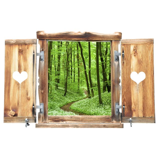 3D Wandtattoo Fenster mit Herz Romantischer Waldweg