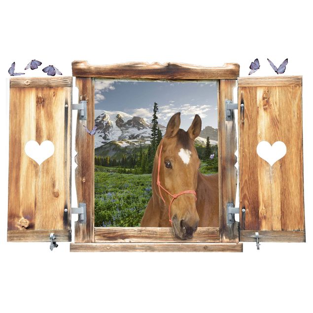 3D Wandsticker Fenster mit Herz und Pferd Bergblick Wiesenpfad