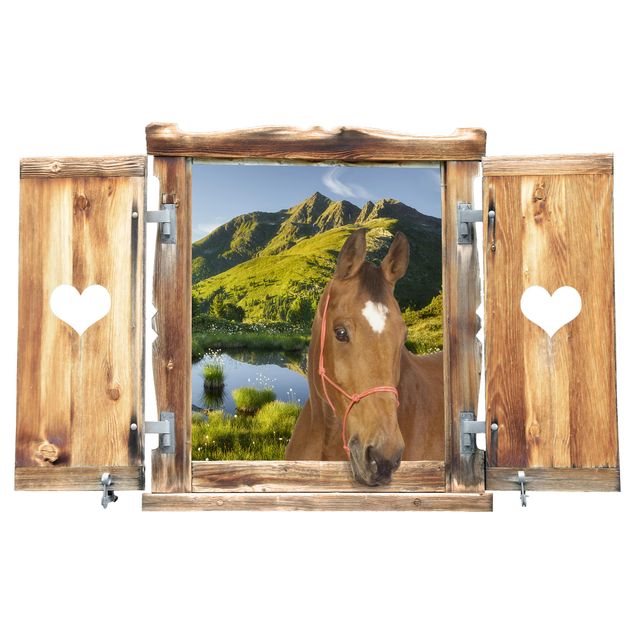 3D Wandtattoo Fenster mit Herz und Pferd Blick ins Defereggental