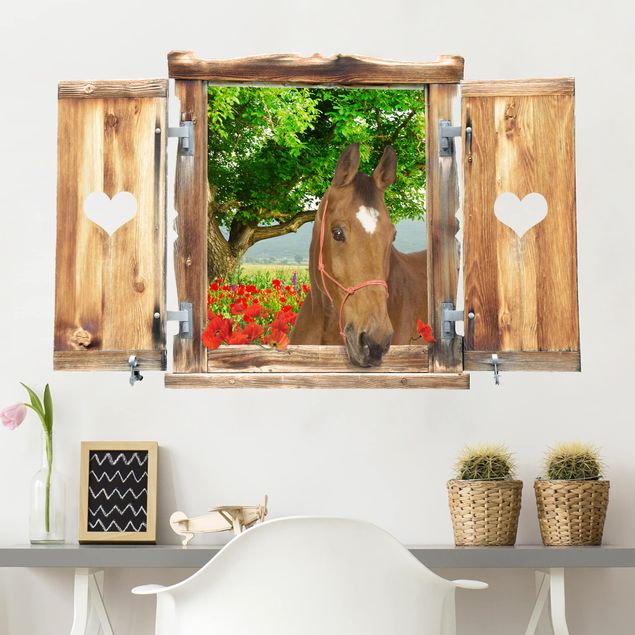 Wandsticker Pferd Fenster mit Herz und Pferd Sommerwiese