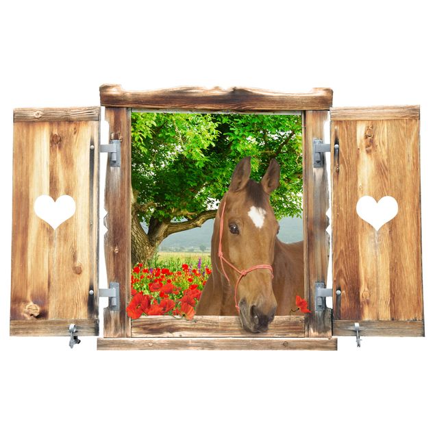 Wandtattoo Wald Fenster mit Herz und Pferd Sommerwiese