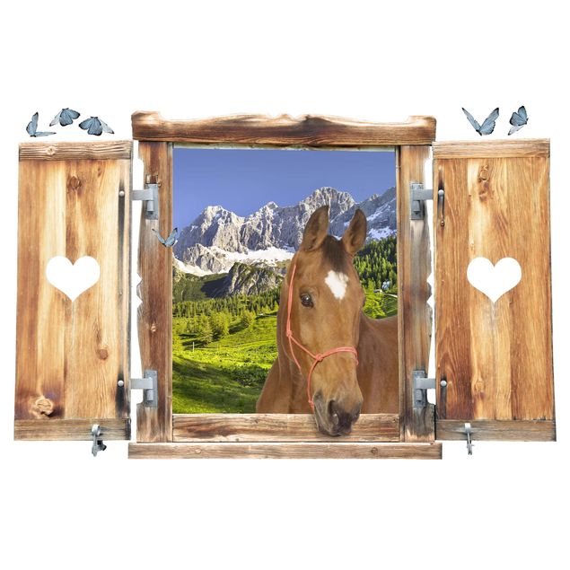 Wandtattoo 3D Fenster mit Herz und Pferd Steiermark Almwiese