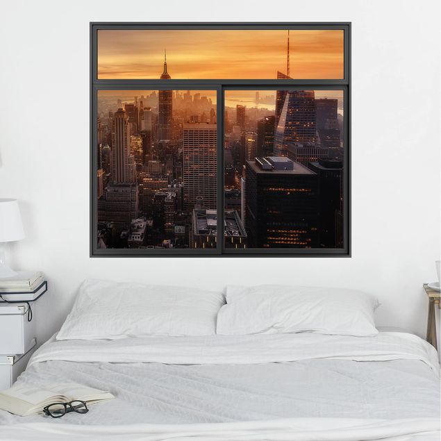 Wandtattoo Metropolen Fenster Schwarz Manhattan Skyline Abendstimmung
