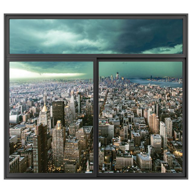 Küchen Deko Fenster Schwarz Skyline New York im Gewitter