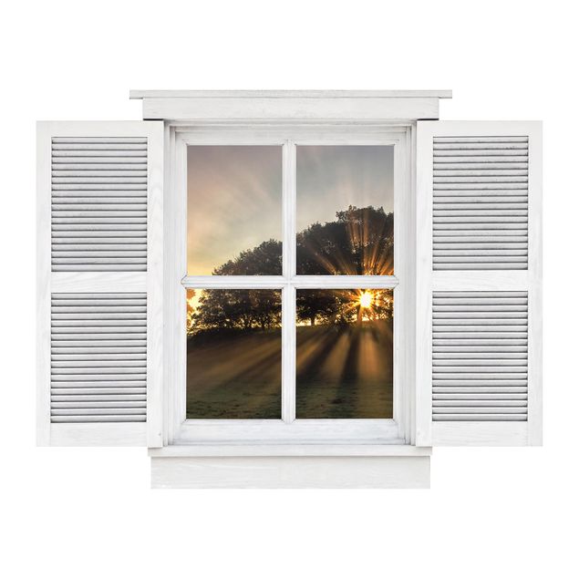 3D Wandsticker Flügelfenster Morgenstimmung mit kleinem Reh