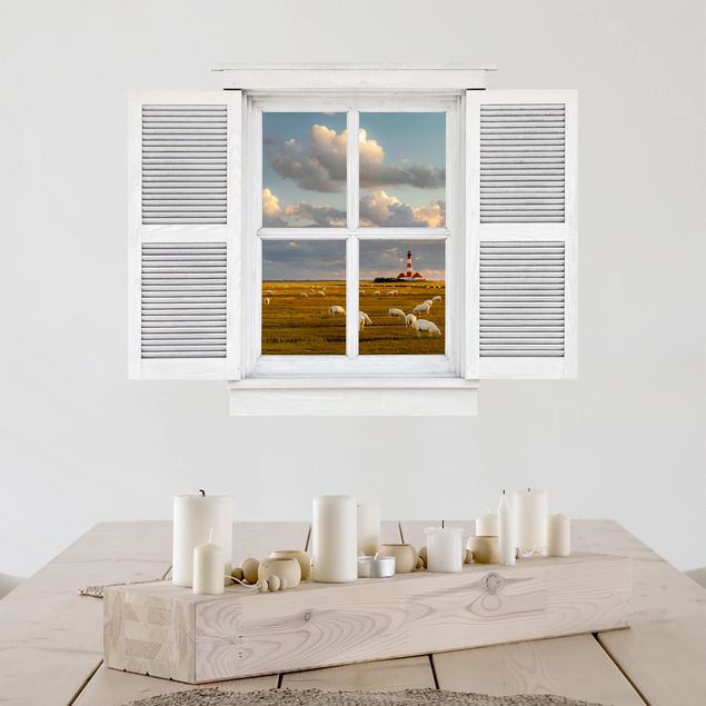 Autocolantes de parede Ilhas Flügelfenster Nordsee Leuchtturm mit Schafsherde