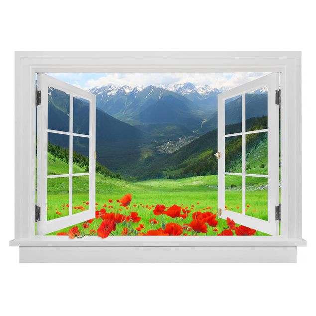 3D Wandtattoo Offenes Fenster Alpenwiese und Mohn