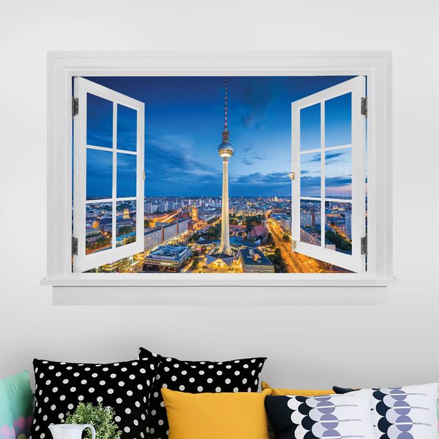 Autocolantes de parede metrópoles Offenes Fenster Berlin Skyline bei Nacht mit Fernsehturm