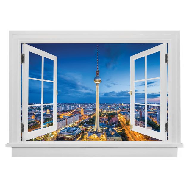 Wanddeko Küche Offenes Fenster Berlin Skyline bei Nacht mit Fernsehturm