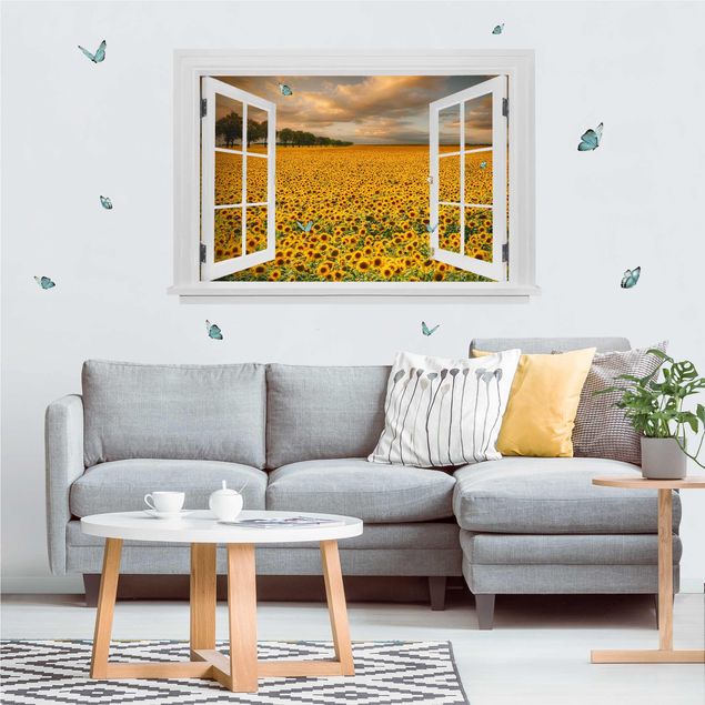 Blumen Wandtattoo Offenes Fenster Feld mit Sonnenblumen