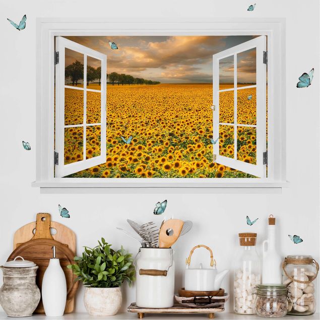 Wanddeko Küche Offenes Fenster Feld mit Sonnenblumen
